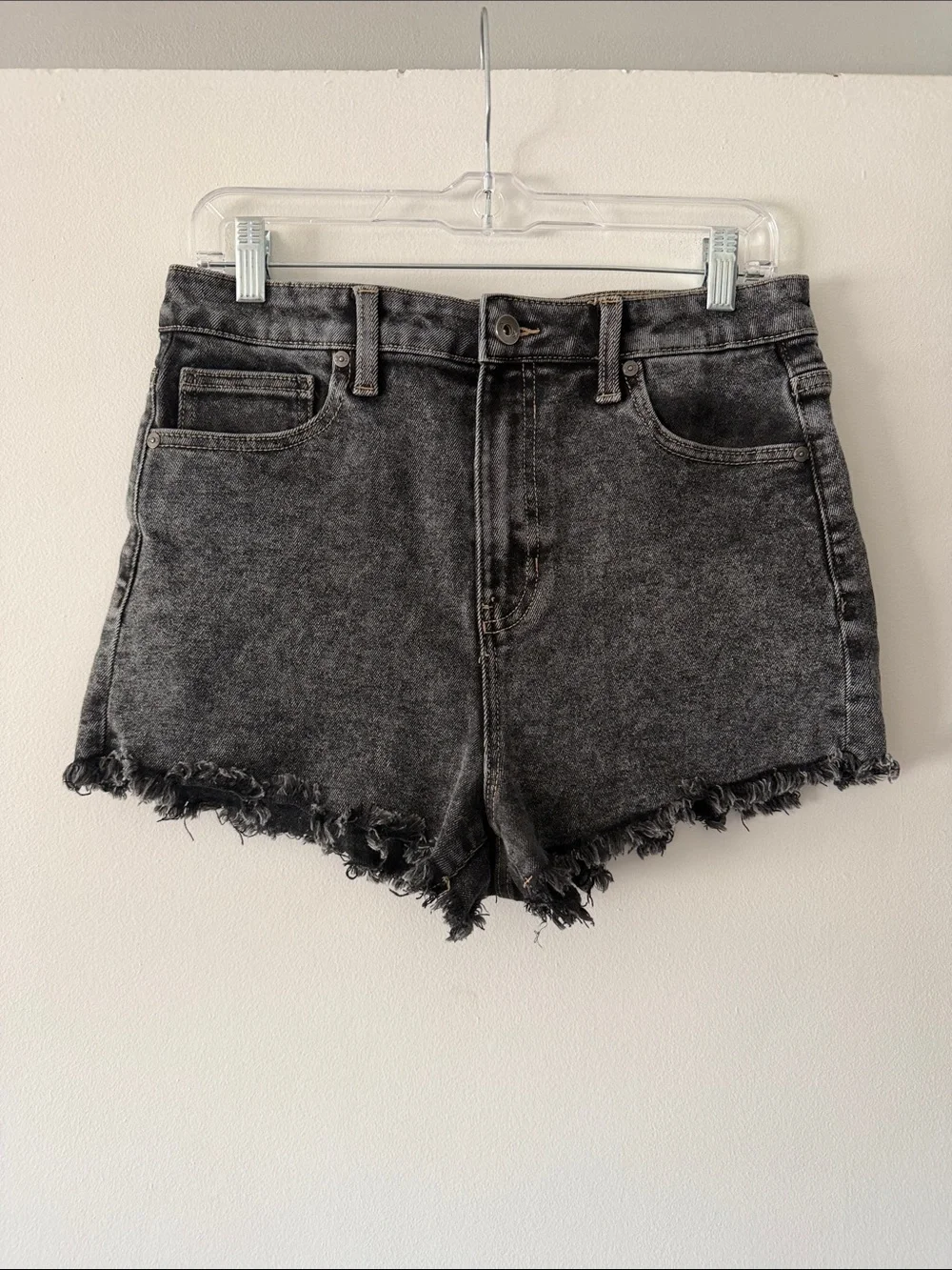 High Rise Black Acid Wash Denim Shorts Raw Hem KENDALL + KYLIE The Drifter 13/31